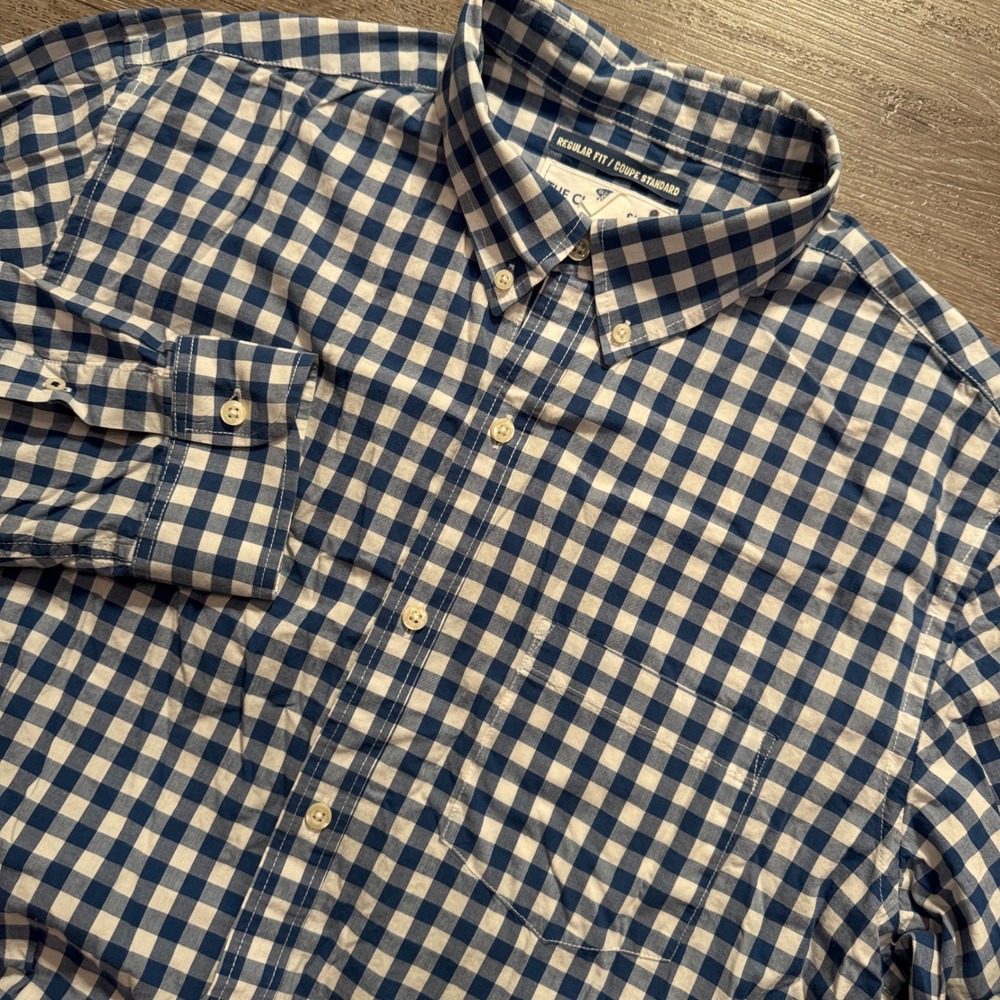 Old Navy Shirt Mens XL Blue Gingham Check 100% Cotton Regular Fit Button Classic